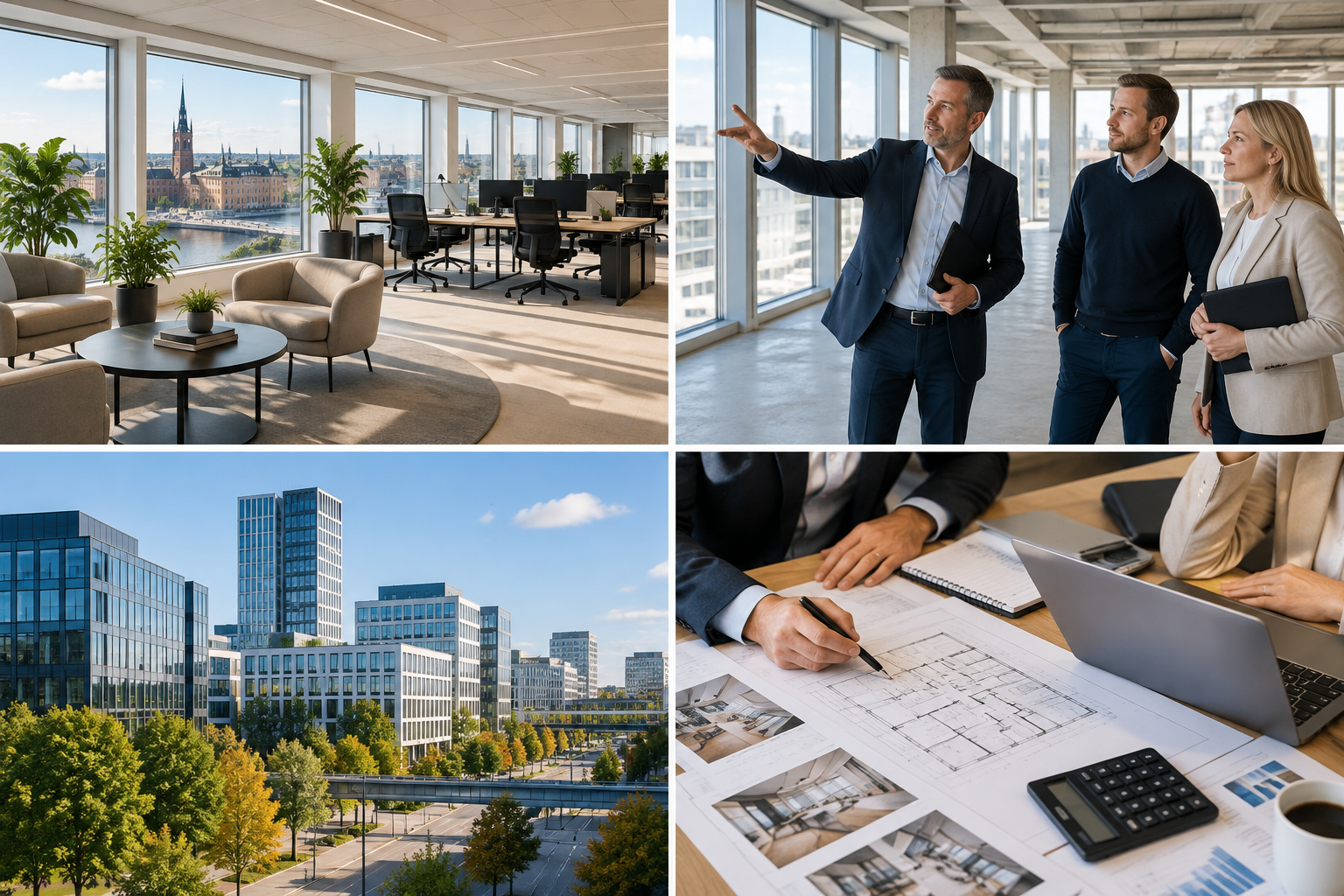 Kollage i fyra delar: modern kontorsmiljö, rådgivning vid visning av lokal, kontorsfastigheter och analys av planritning och ekonomi