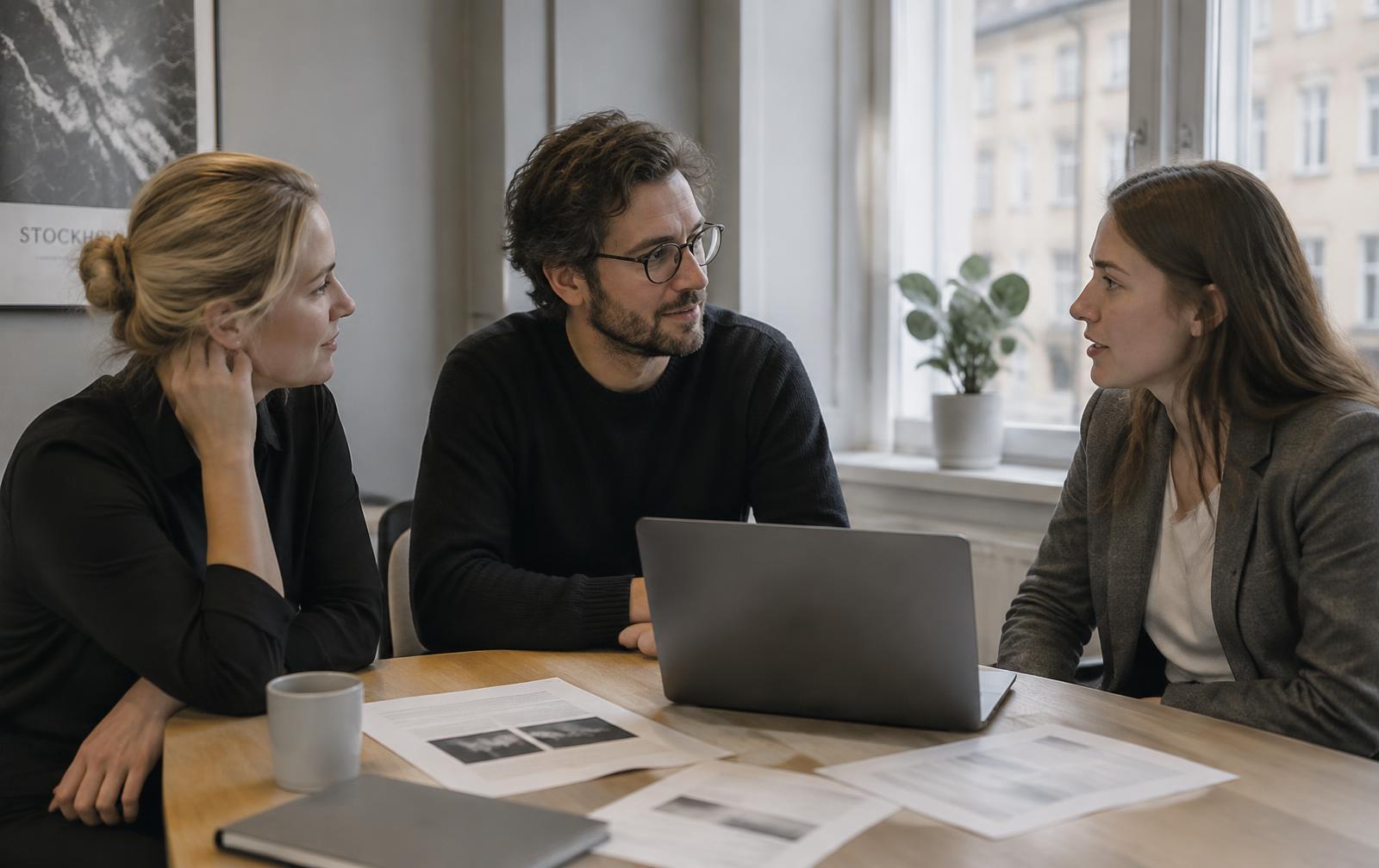 Ledningsgrupp i samtal kring ett analysunderlag i ett nordiskt mötesrum